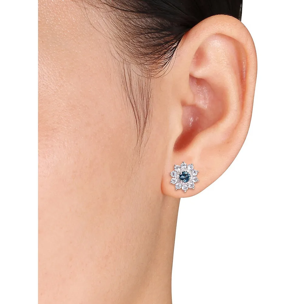 Boutons d'oreilles en argent sterling avec topaze bleue et diamant 0,05 ct PT English Garden