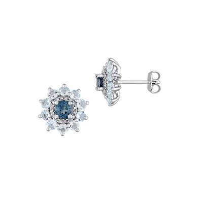 Boutons d'oreilles en argent sterling avec topaze bleue et diamant 0,05 ct PT English Garden