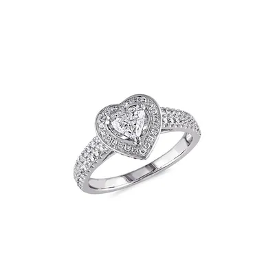 1TCW Diamond Halo Heart Engagement Ring 14k White Gold