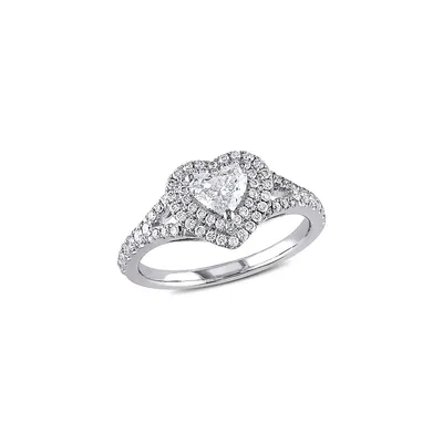 1TCW Diamond Double Halo Heart Engagement Ring 14k White Gold