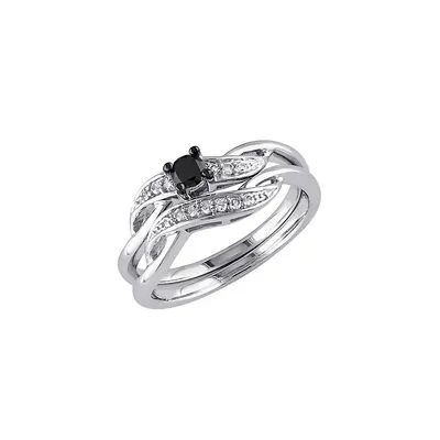 0.24 TCW Black and White Diamond Bridal Ring Set Sterling Silver