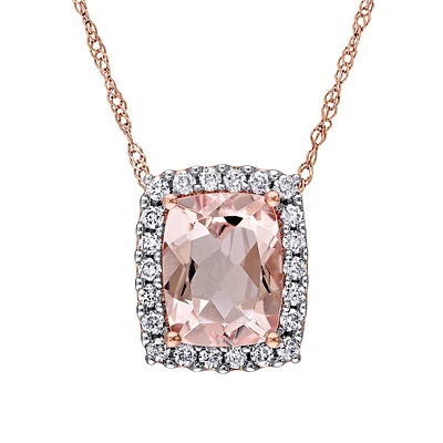 0.25 CT. T.W. Diamond, Morganite and 14K Rose Gold Halo Necklace