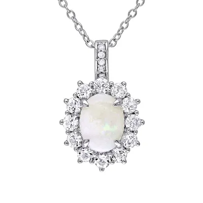 Opal, White Topaz, 0.02 CT. T.W. Diamond Halo Necklace