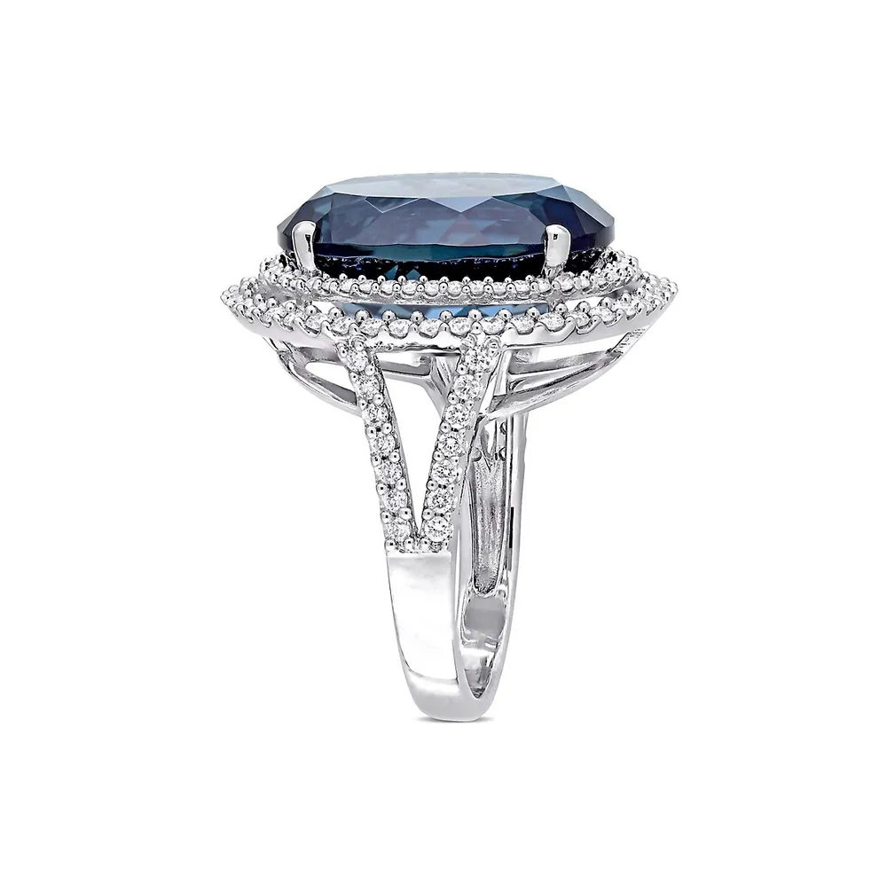 0.93 CT. T.W. Diamond, Blue Topaz and 14K White Gold Double Halo Ring