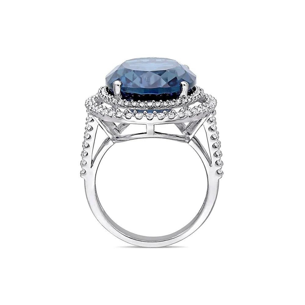 0.93 CT. T.W. Diamond, Blue Topaz and 14K White Gold Double Halo Ring