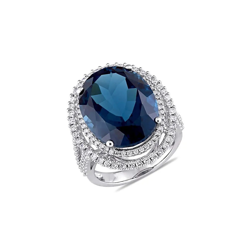 0.93 CT. T.W. Diamond, Blue Topaz and 14K White Gold Double Halo Ring