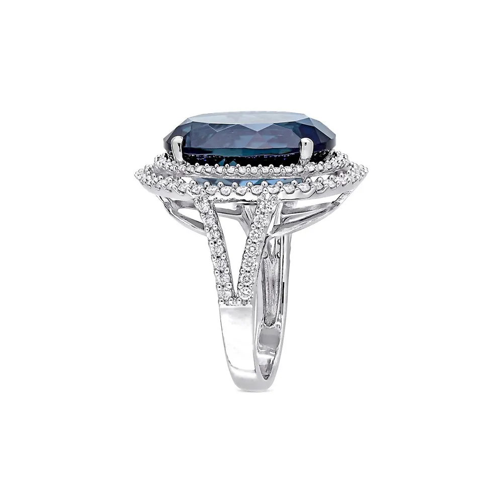 0.93 CT. T.W. Diamond, Blue Topaz and 14K White Gold Double Halo Ring