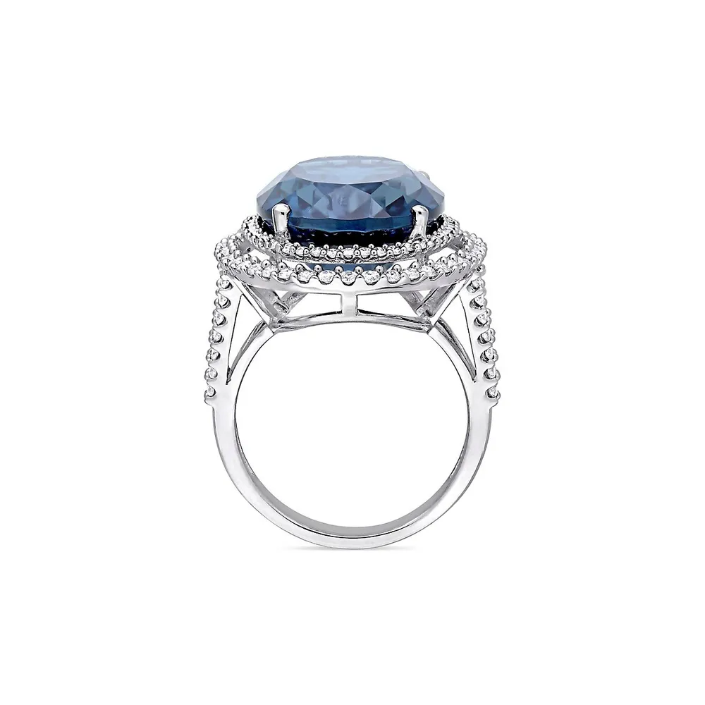 0.93 CT. T.W. Diamond, Blue Topaz and 14K White Gold Double Halo Ring