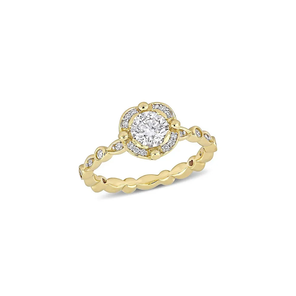 Bague de fiançailles rétro en or jaune 14 ct avec diamants 1 PT