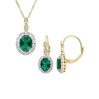 14K Yellow Gold, Created Emerald, White Topaz & 0.065 CT. T.W. Diamond Vintage Necklace and Earrings Set