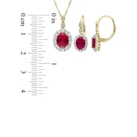 14K Yellow Gold, Ruby, White Topaz and Diamond Vintage Necklace and Earrings Set