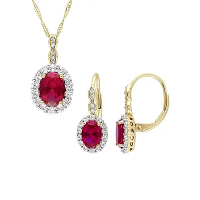 14K Yellow Gold, Ruby, White Topaz and Diamond Vintage Necklace and Earrings Set