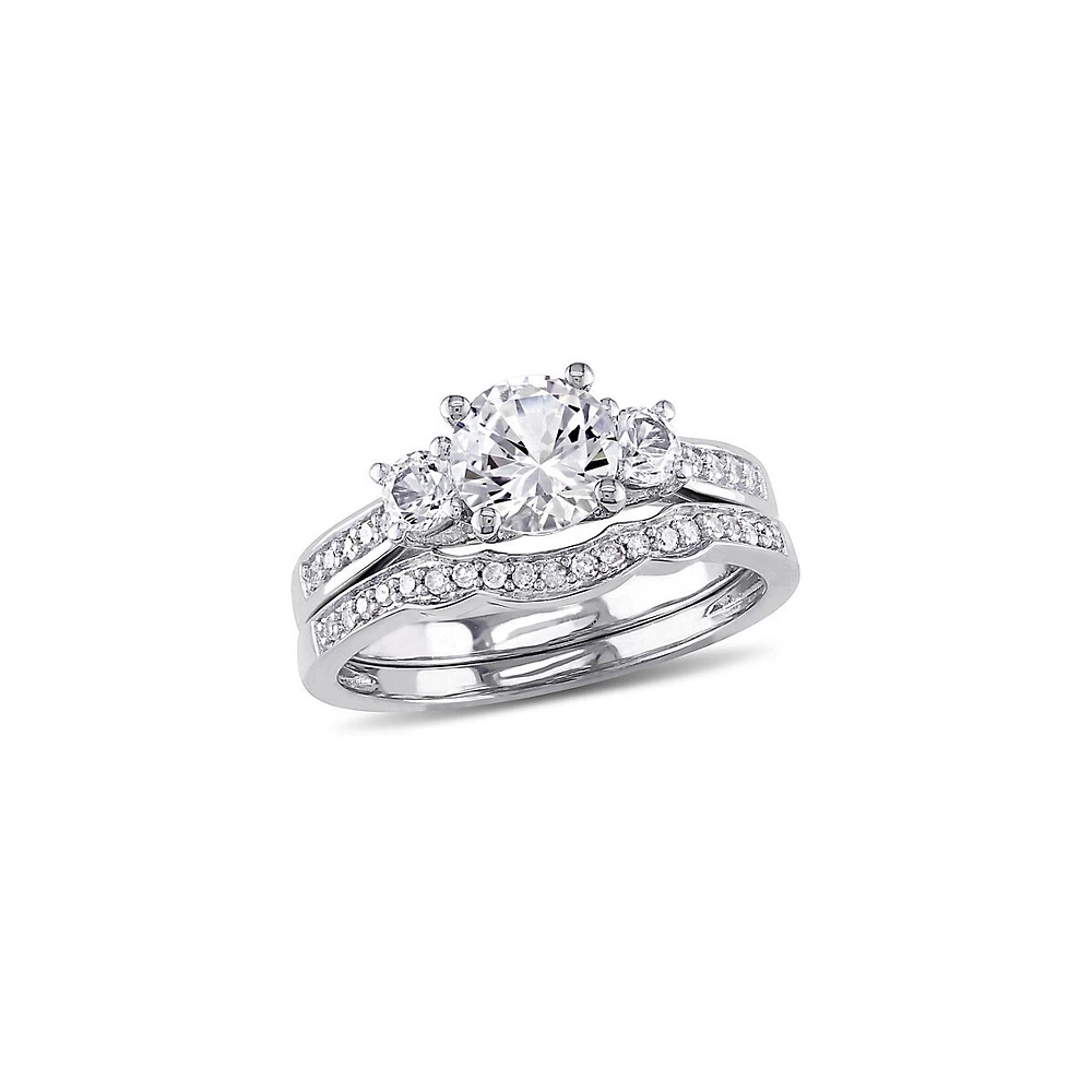 Ensemble de deux bagues nuptiales à trois pierres en or blanc 10 ct avec diamants 0,14 PT