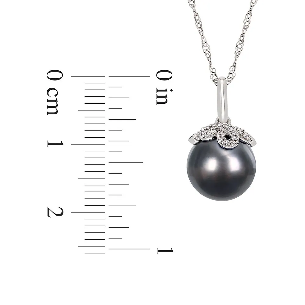 14K White Gold, 10-11MM Black Round Tahitian Cultured Pearl & 0.07 CT. T.W. Diamond Pendant Necklace