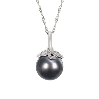 14K White Gold, 10-11MM Black Round Tahitian Cultured Pearl & 0.07 CT. T.W. Diamond Pendant Necklace
