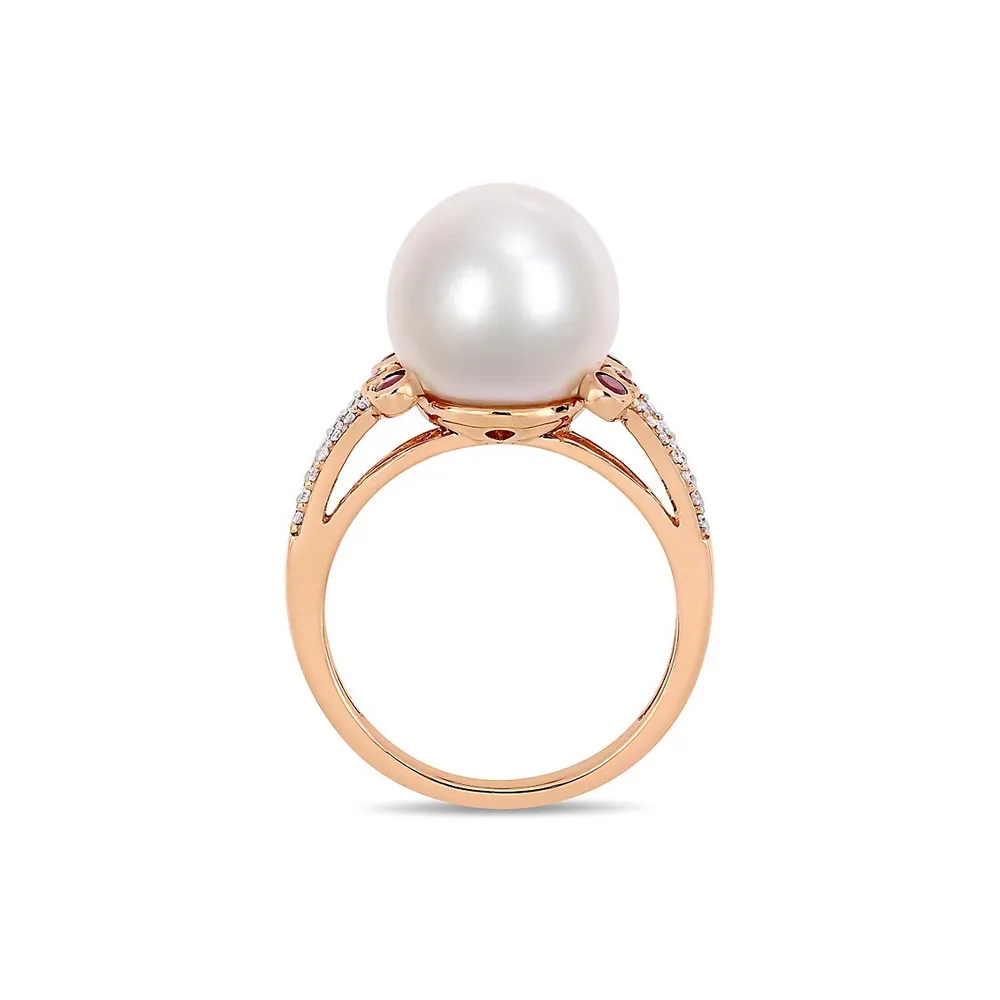 10K Rose Gold, 11-12MM Cultured Freshwater Pearl, Ruby & 0.14 CT. T.W. Diamond Ring