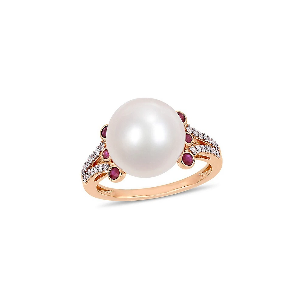 Bague en or rose 10 ct à perle d'eau douce de 11 12 mm, rubis et diamants 0,14 PT