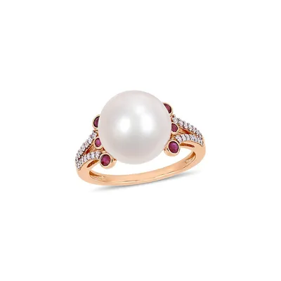 10K Rose Gold, 11-12MM Cultured Freshwater Pearl, Ruby & 0.14 CT. T.W. Diamond Ring