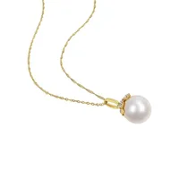 14K Yellow Gold, 10MM-11MM White Round South Sea Pearl & 0.07 CT. T.W. Diamond Pendant Necklace