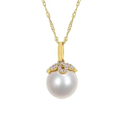 14K Yellow Gold, 10MM-11MM White Round South Sea Pearl & 0.07 CT. T.W. Diamond Pendant Necklace