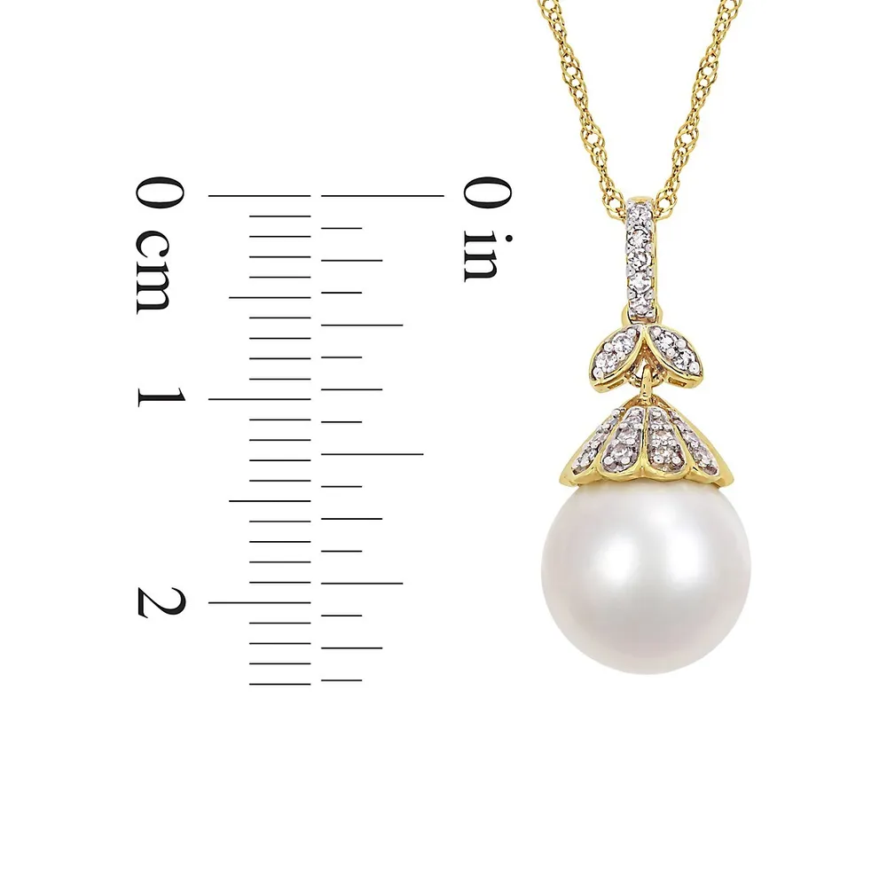 14K Yellow Gold, White South Sea Cultured Pearl & 0.1 CT. T.W. Diamond Pendant Necklace