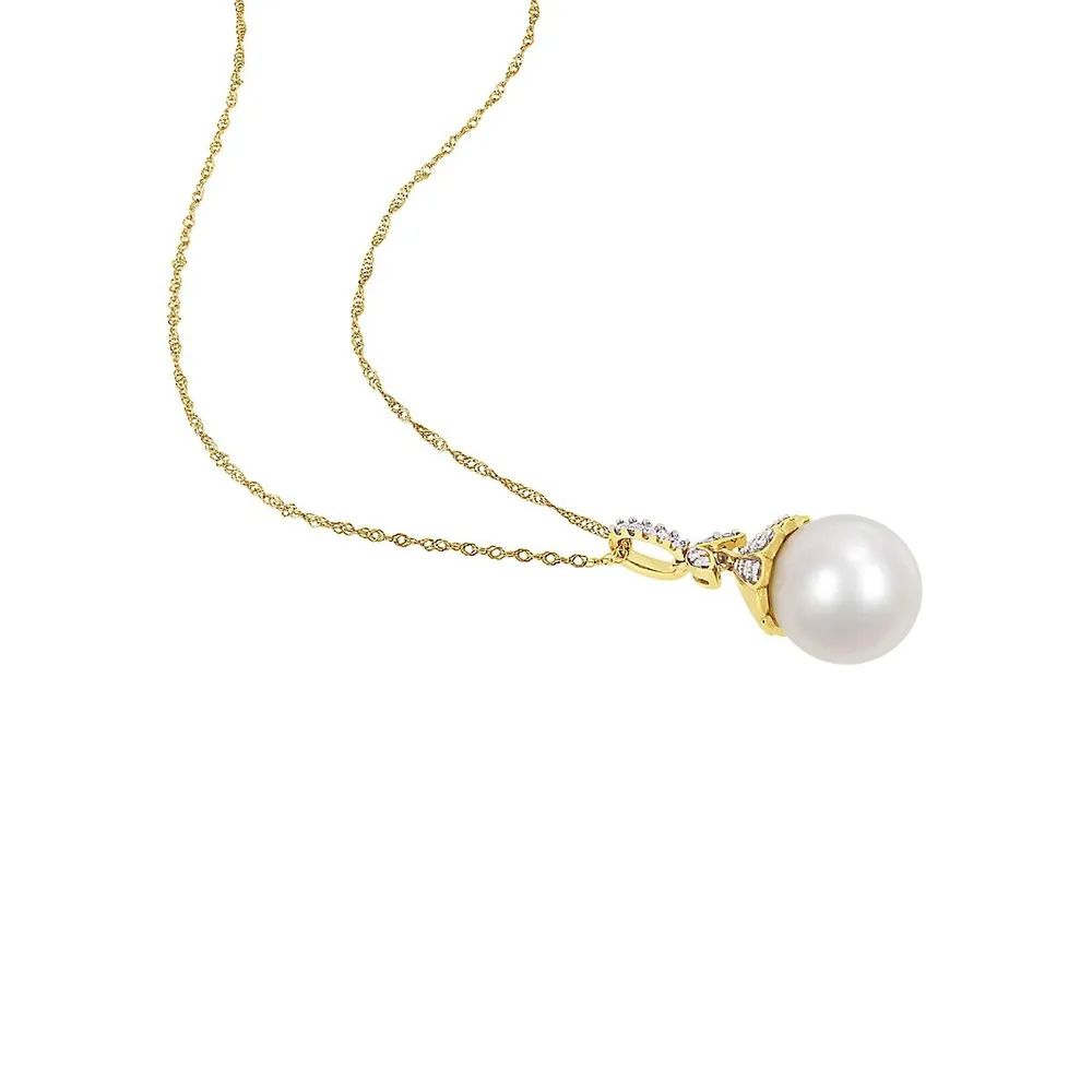 14K Yellow Gold, White South Sea Cultured Pearl & 0.1 CT. T.W. Diamond Pendant Necklace