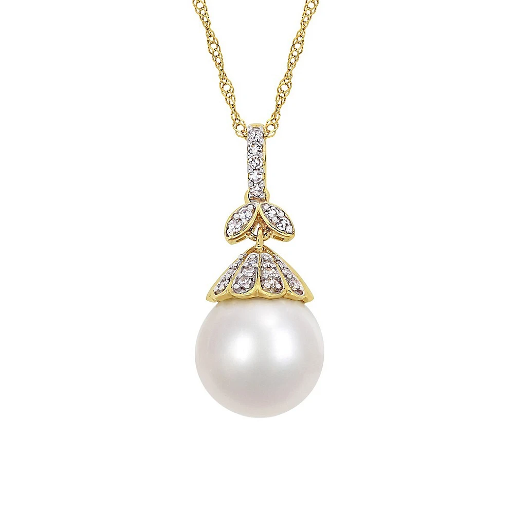 14K Yellow Gold, White South Sea Cultured Pearl & 0.1 CT. T.W. Diamond Pendant Necklace