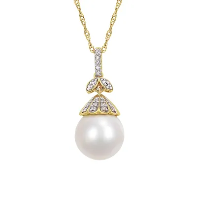 14K Yellow Gold, White South Sea Cultured Pearl & 0.1 CT. T.W. Diamond Pendant Necklace