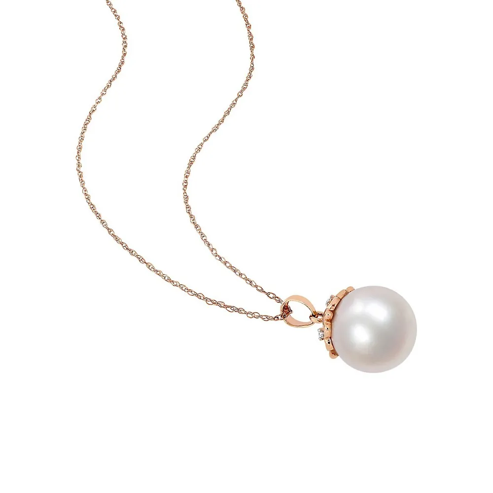 10K Rose Gold, 11MM-12MM White Round Freshwater Pearl & 0.02 CT. T.W. Diamond Pendant Necklace