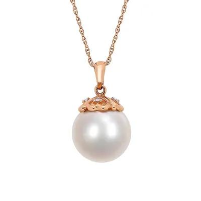 10K Rose Gold, 11MM-12MM White Round Freshwater Pearl & 0.02 CT. T.W. Diamond Pendant Necklace