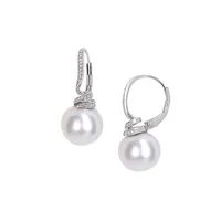 Sterling Silver, 11-12MM Freshwater Cultured Pearl & 0.05 CT. T.W. Diamond Earrings