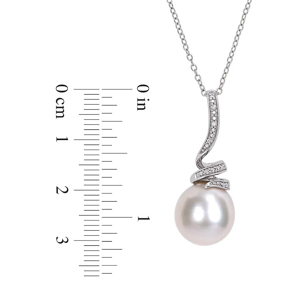 Sterling Silver, 11MM-12MM White Round Freshwater Pearl & 0.03 CT. T.W. Diamond Pendant Necklace