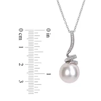 Sterling Silver, 11MM-12MM White Round Freshwater Pearl & 0.03 CT. T.W. Diamond Pendant Necklace