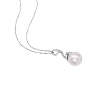 Sterling Silver, 11MM-12MM White Round Freshwater Pearl & 0.03 CT. T.W. Diamond Pendant Necklace