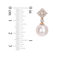 10K Rose Gold, 9.5MM-10MM White Round Freshwater Pearl & 0.2 CT. T.W. Diamond Drop Earrings