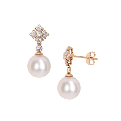 10K Rose Gold, 9.5MM-10MM White Round Freshwater Pearl & 0.2 CT. T.W. Diamond Drop Earrings
