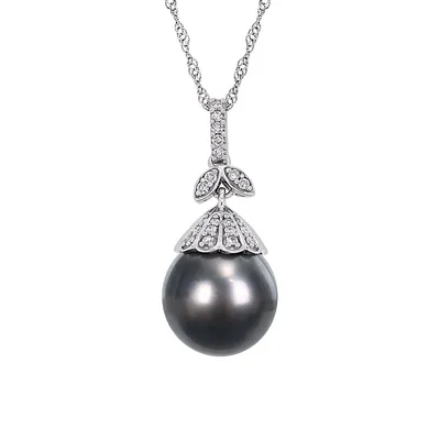 Collier à pendentif en or blanc 14 ct avec perle de Tahiti ronde et noire 10 à 11 mm orné de diamants 0,1 ct PT