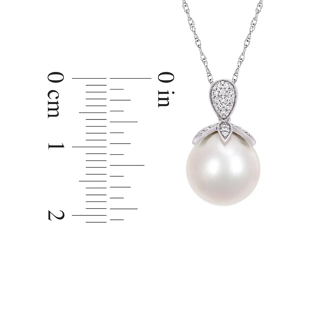 10K White Gold, 11-12MM White Freshwater Pearl & 0.1 CT. T.W. Diamond Pendant Necklace