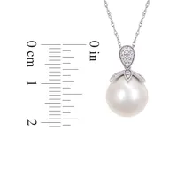 10K White Gold, 11-12MM White Freshwater Pearl & 0.1 CT. T.W. Diamond Pendant Necklace