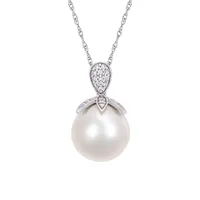 10K White Gold, 11-12MM White Freshwater Pearl & 0.1 CT. T.W. Diamond Pendant Necklace