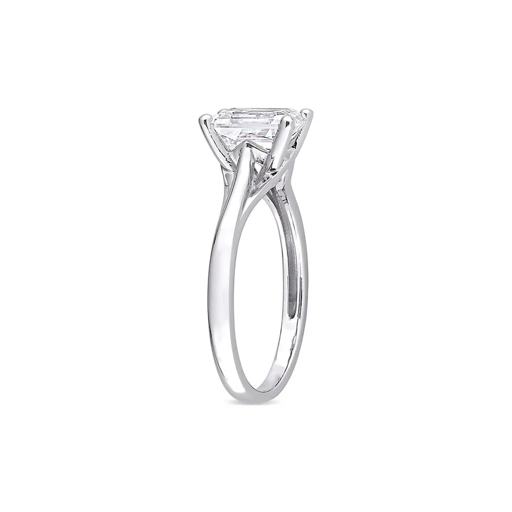 Or blanc 10 ct et 1,7 ct. Bague solitaire en émeraude coupé D.E.W Moissanite