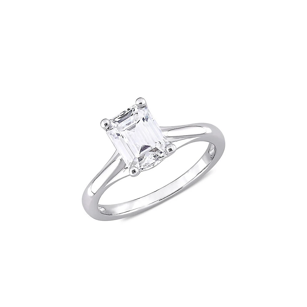 Or blanc 10 ct et 1,7 ct. Bague solitaire en émeraude coupé D.E.W Moissanite