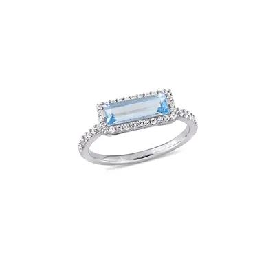 Sterling Silver, Blue Topaz and White Sapphire Halo Solitaire Ring