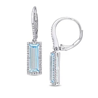 Sterling Silver, Blue Topaz and White Sapphire Halo Dangle and Drop Earrings