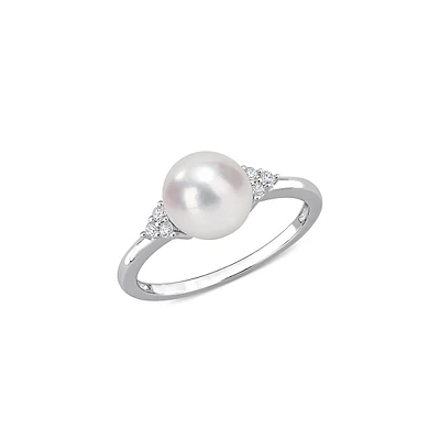 Sterling Silver, Cubic Zirconia & 7.5-8MM Cultured Freshwater Pearl Ring