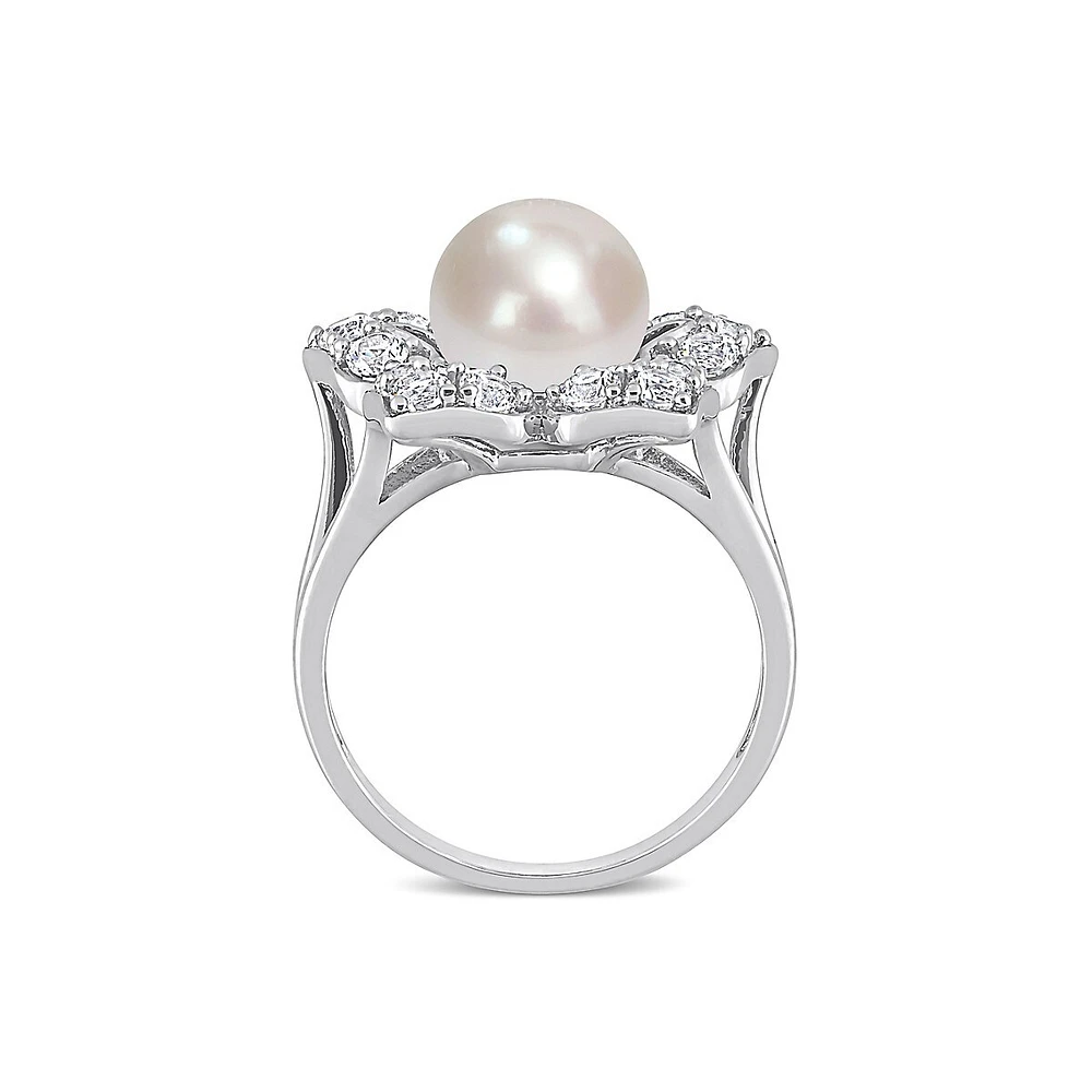 Sterling Silver, Created White Sapphire & 8.5-9MM Cutlured Freshwater Pearl Floral Ring