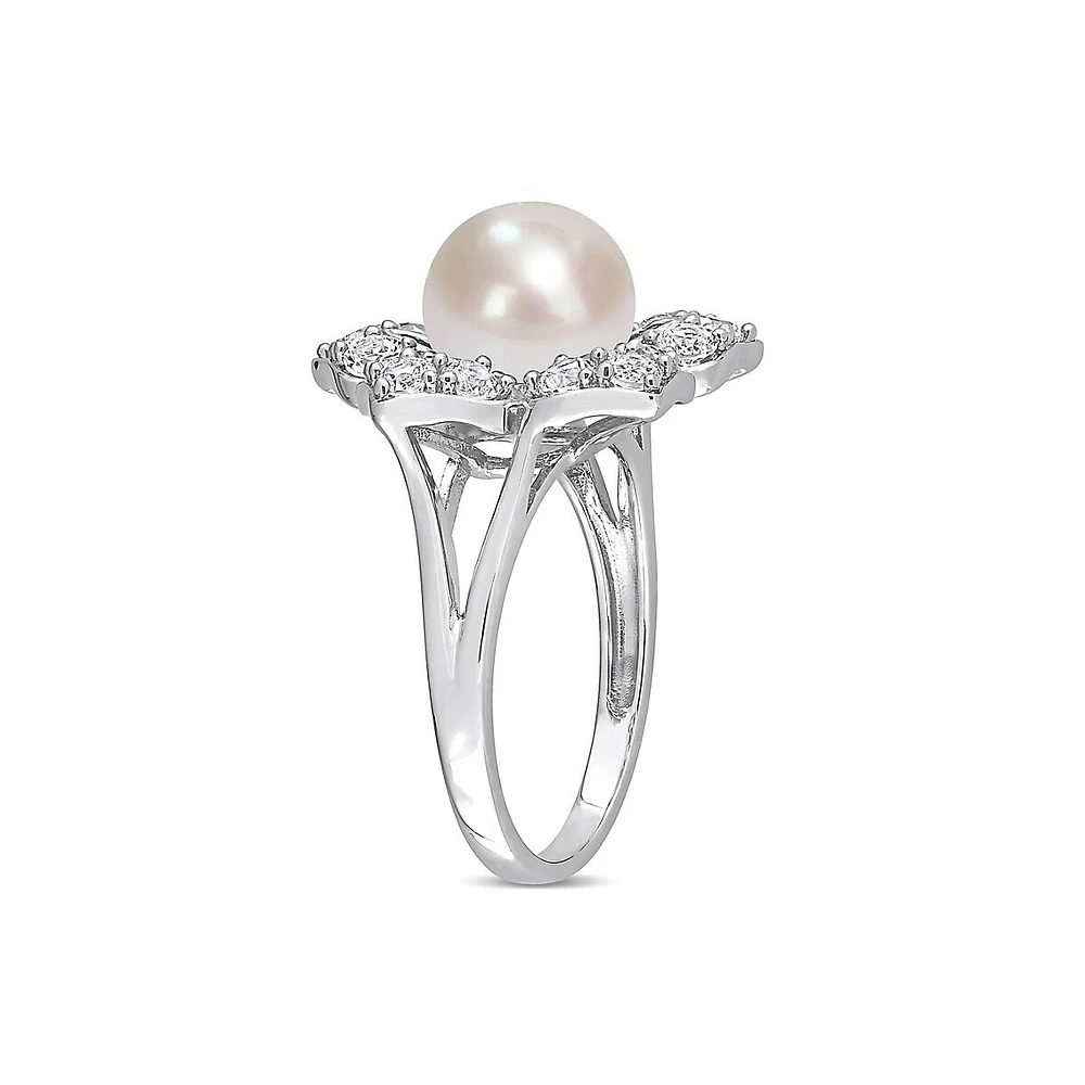 Sterling Silver, Created White Sapphire & 8.5-9MM Cutlured Freshwater Pearl Floral Ring