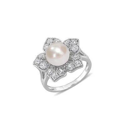 Sterling Silver, Created White Sapphire & 8.5-9MM Cutlured Freshwater Pearl Floral Ring