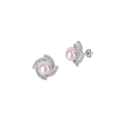 Boutons d'oreilles en argent sterling avec zircons cubiques et perles d'eau douce de culture 9 à 9,5 mm
