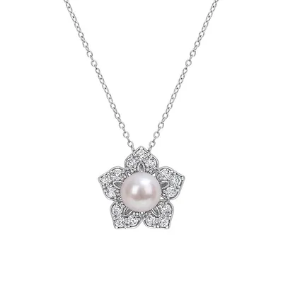 Sterling Silver, Created White Sapphire & 8.5-9MM Cutlured Freshwater Pearl Floral Pendant Necklace